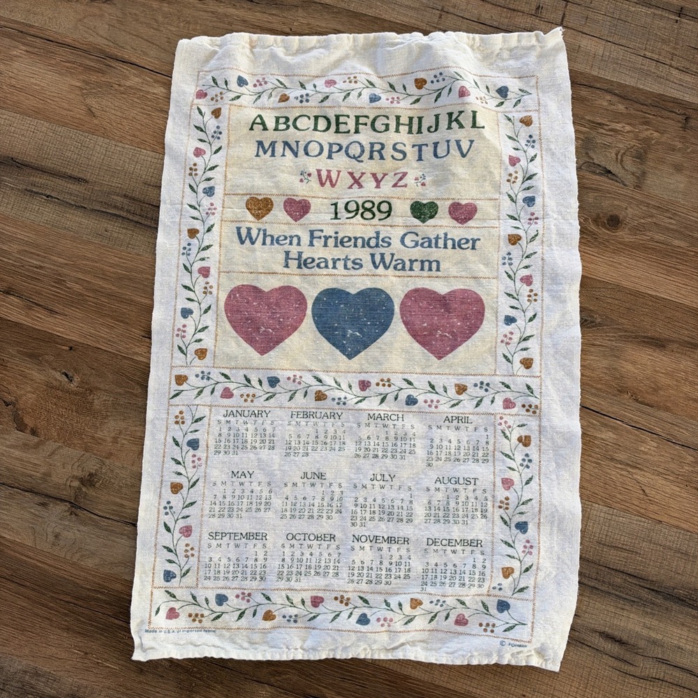 Vintage 1989 Linen Calendar Kitchen Tea Towel Friends Gather 15.5x23 Cottagecore